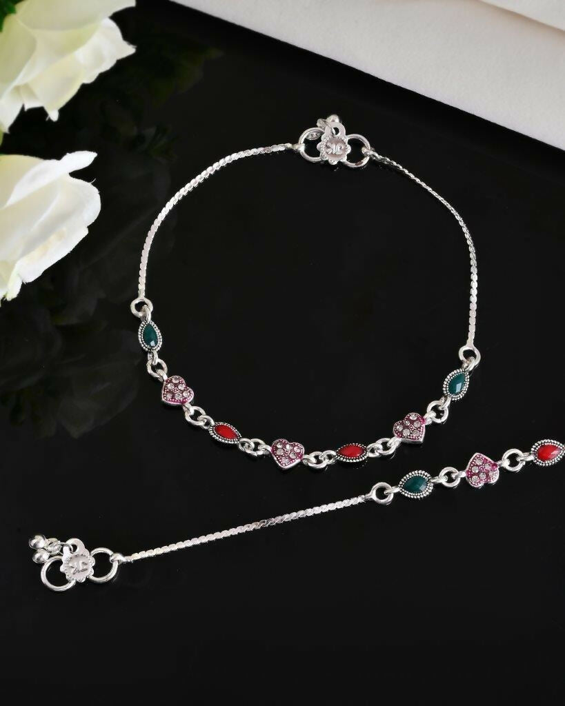 VOJ Set of 2 Silver Plated Heart Shaped Multi Color Anklet