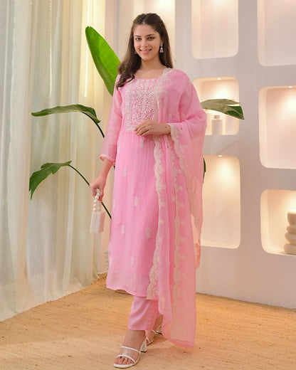 The52 Pink Women's Beautiful Chikankari Work Chanderi Fabric Straight Kurta Pant and Dupatta Set
