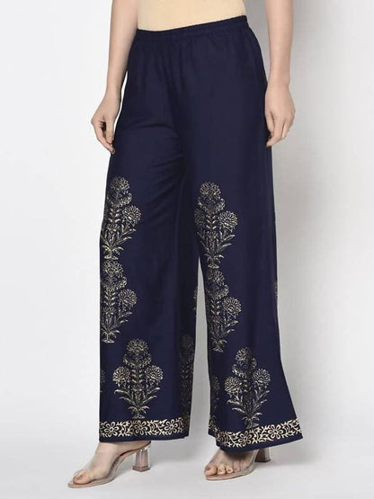 Aniyah Rayon Navy Blue Color Gold Print Flared Slip-On Palazzo (AN-193K)