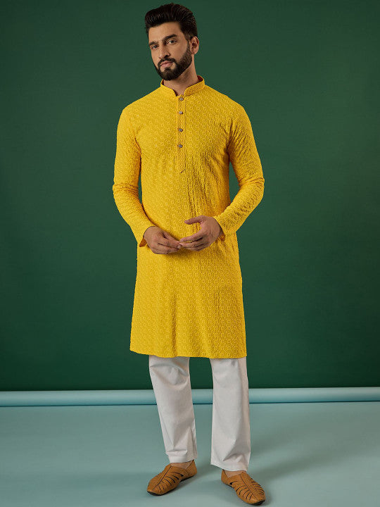 Anouk Geometric Embroidered Mandarin Collar Sequinned Straight Kurta Yellow
