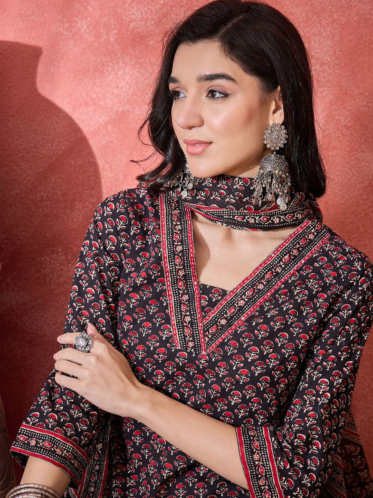 Sangria Floral Printed Pure Cotton Straight Kurta & Palazzos With Dupatta
