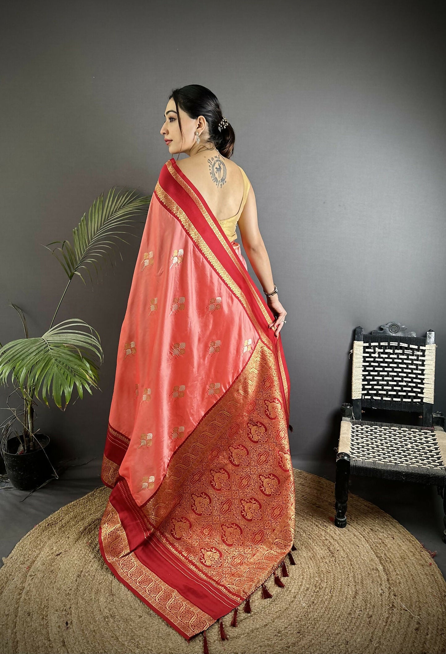 Joban Fashion Salmon Pink Banarasi Soft Silk Woven Saree