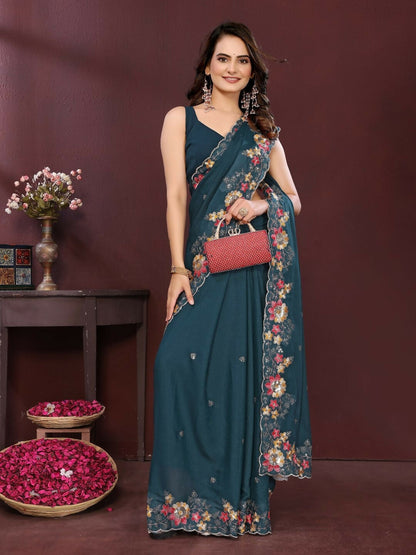 Ai Fashion Teal Soft Star Georgette Embroidery Party Wear Saree