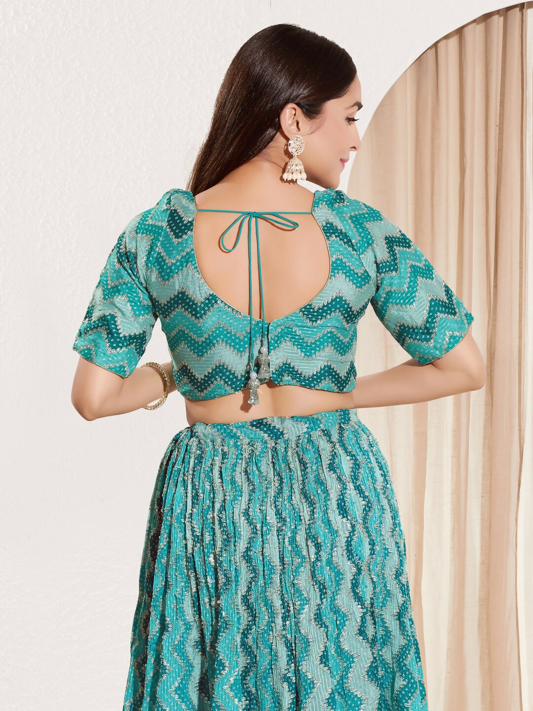 Joban Fashion Rama Green Chiffon Padded Blouse With Square Neck Elbow Sleeves