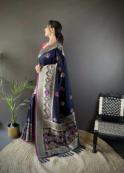 Joban Fashion Navy Blue Elephant & Floral Motifs Soft Lichi Silk Banarasi Saree