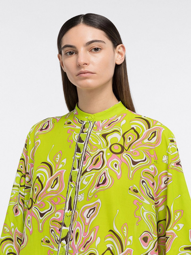 Front Open Button Style Printed French Moss Long / Short Sleeves Top Dress J5685