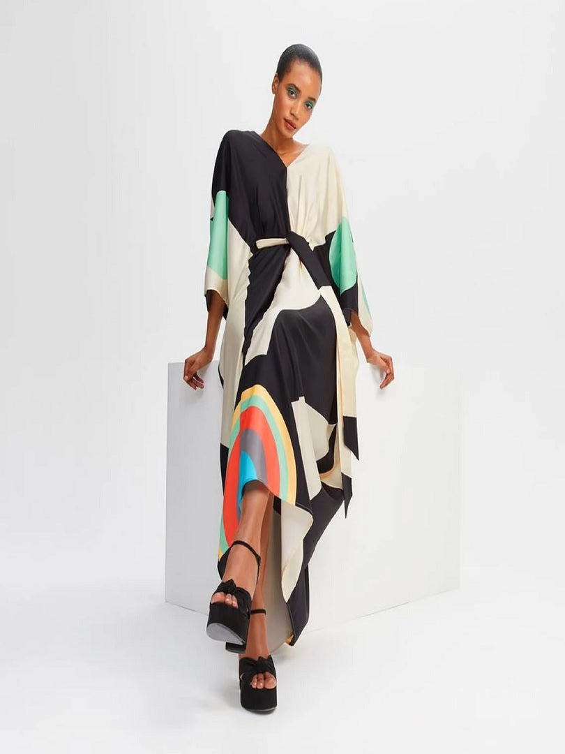 V-Neck Belt Style Women Soft Satin Silk Printed Kaftan J5631