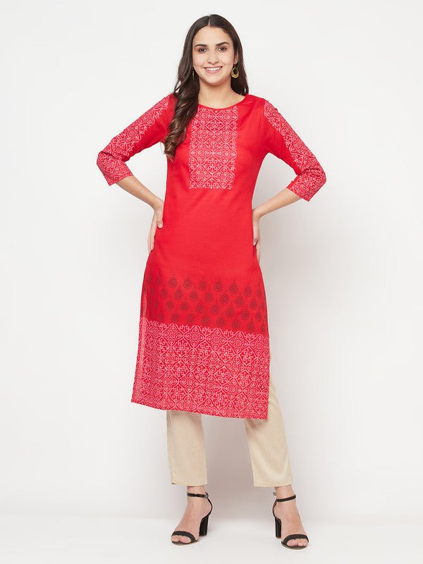 Aniyah Cotton Block Print Red Straight Kurta