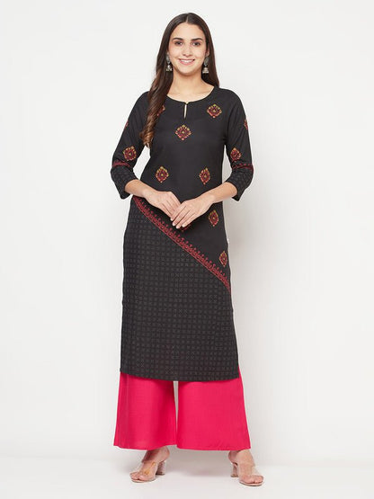 Aniyah Rayon Block Print Straight Kurta - Black