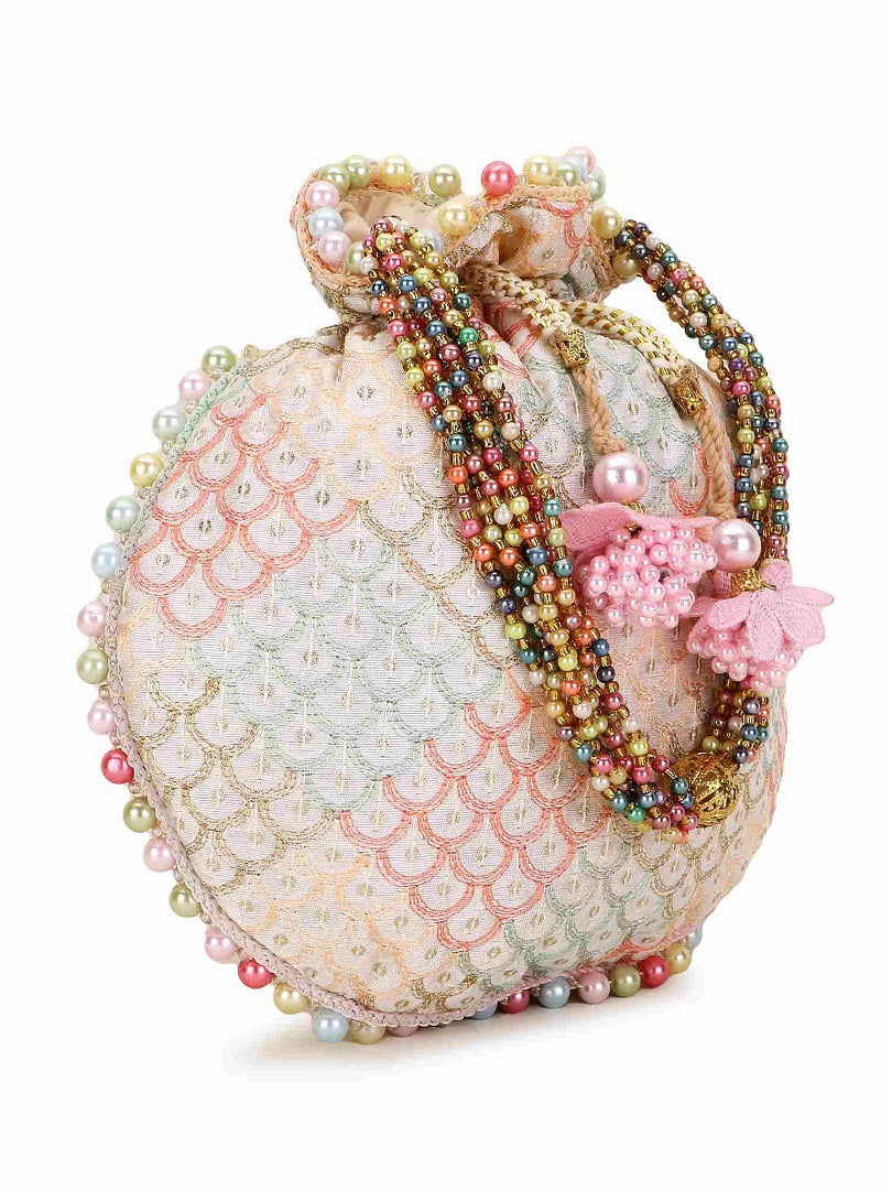Off White and Pastel Multi Sequin Embroidered Faux Silk Potli Bag