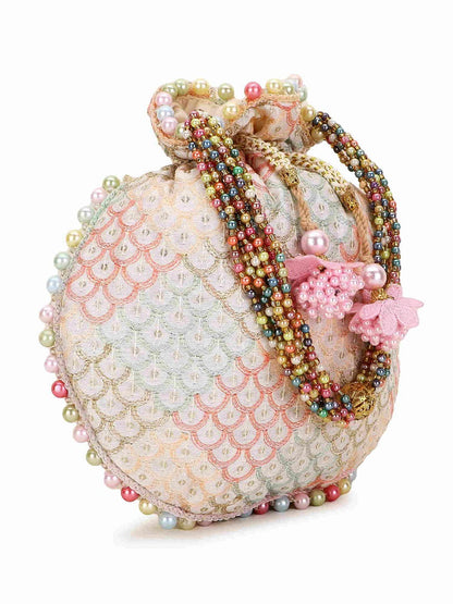 Off White and Pastel Multi Sequin Embroidered Faux Silk Potli Bag