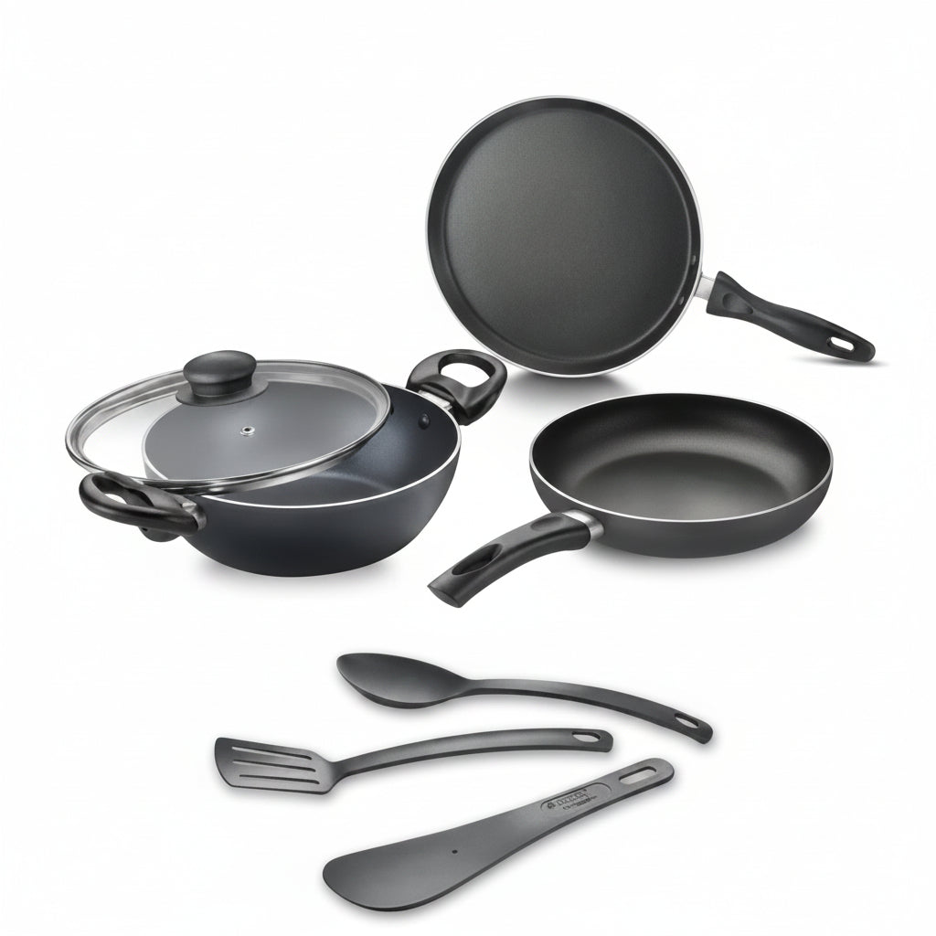 Judge by Prestige Ace Non-Stick BYK Set 20cm Kadai+Glass Lid+Frypan+Omni Tawa+3 Nylon Tools