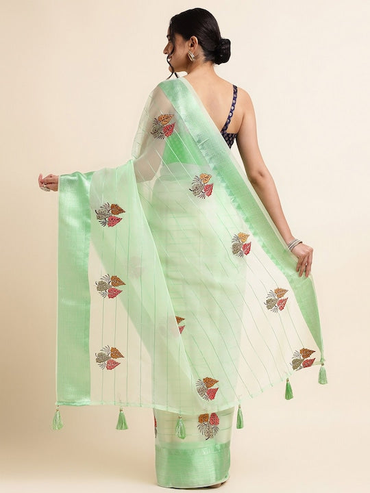 Fabmora Satin Floral Embellished Embroidered Organza Designer Saree