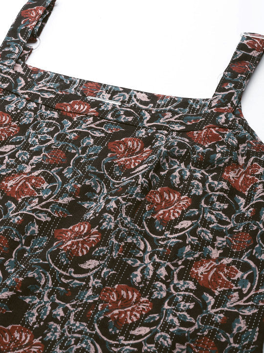 Anayna Women Black & Rust Red Pure Cotton Ethnic Motifs Printed Kantha Work Kurta