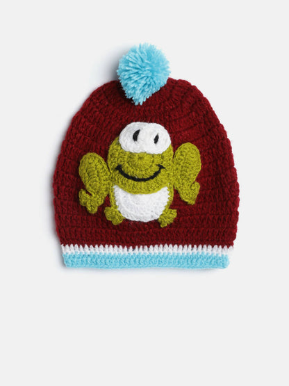 Chutput Kids Woollen Hand Knitted Frog Detailed Cap - Maroon