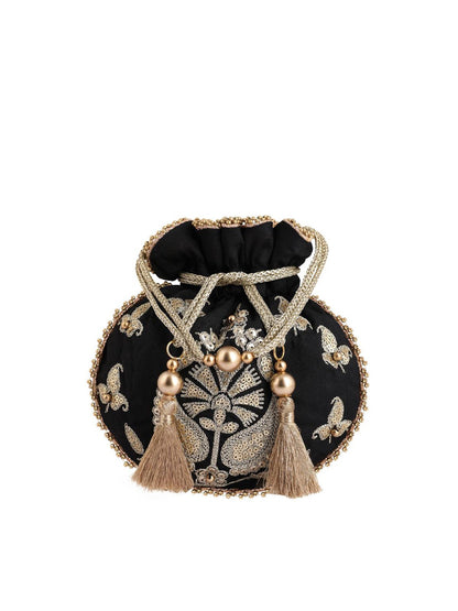 Masq Black & Gold-Toned Embroidered Potli Clutch