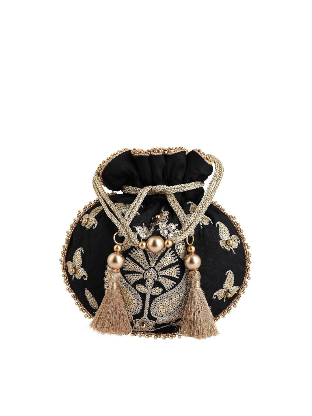 Masq Black & Gold-Toned Embellished Embroidered Potli Clutch