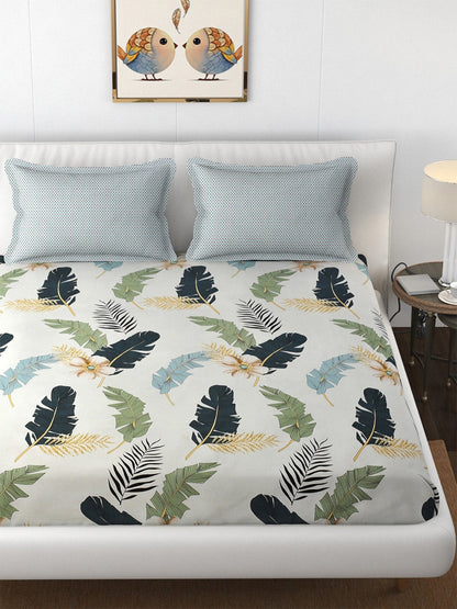 Florida Reeva Off White & Green Floral 180 TC Fitted King Bedsheet With 2 Pillow Covers