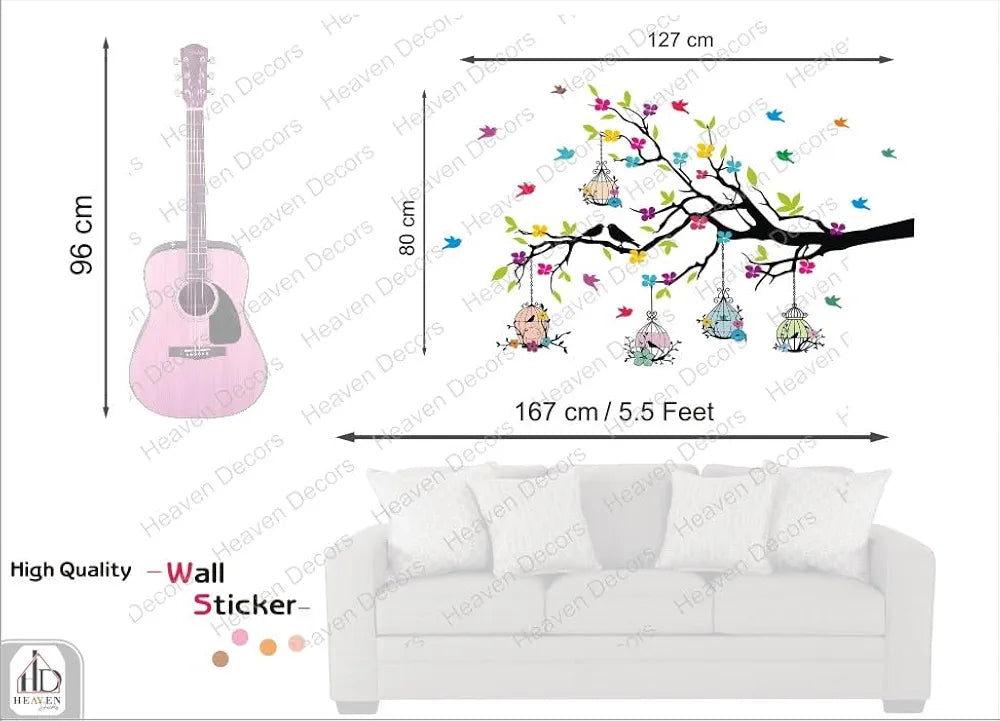 Heaven Decors PVC Vinyl Self-Adhesive Tree Branches with Birdcage & Flower- Wall Decoration Sticker Home,Multicolour
