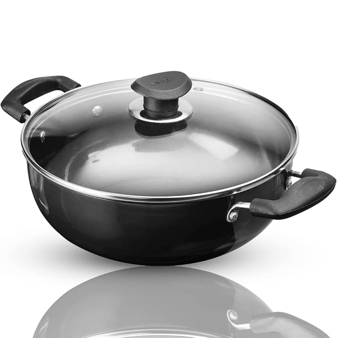 Vinod Black Pearl Plus Hard Anodised Deep Kadhai with Lid - 4.1 Litre, 26 cm | 3.25mm Thick | Natural Stick Free Kadai