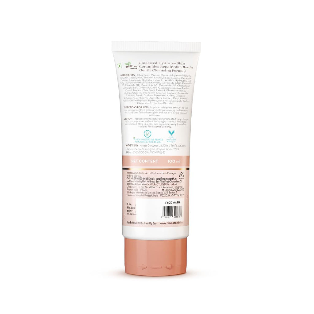 Mamaearth Chia Oil-Free Face Wash with Chia Seed & Ceramides - 100 ml | For Normal to Oily Skin | Gives Hydrated Glow | Co-created with Top Dermats | Cleanses Deeply | Healthy Skin Barrier | Fragrance& Soap Free