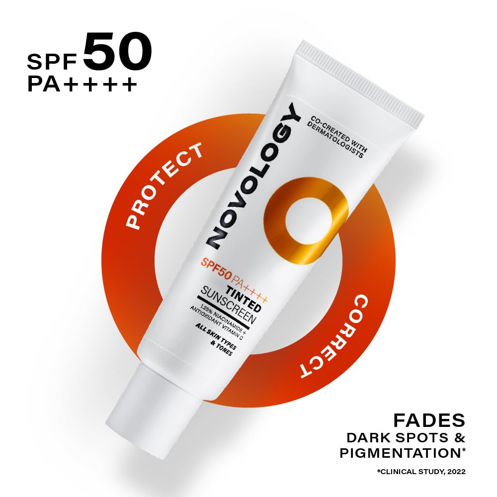 Novology SPF 50 PA++++ Tinted Sunscreen for Pigmentation, Dark Spots and Acne Marks | Blends into Natural Finish | For All Skin Types | 50 g