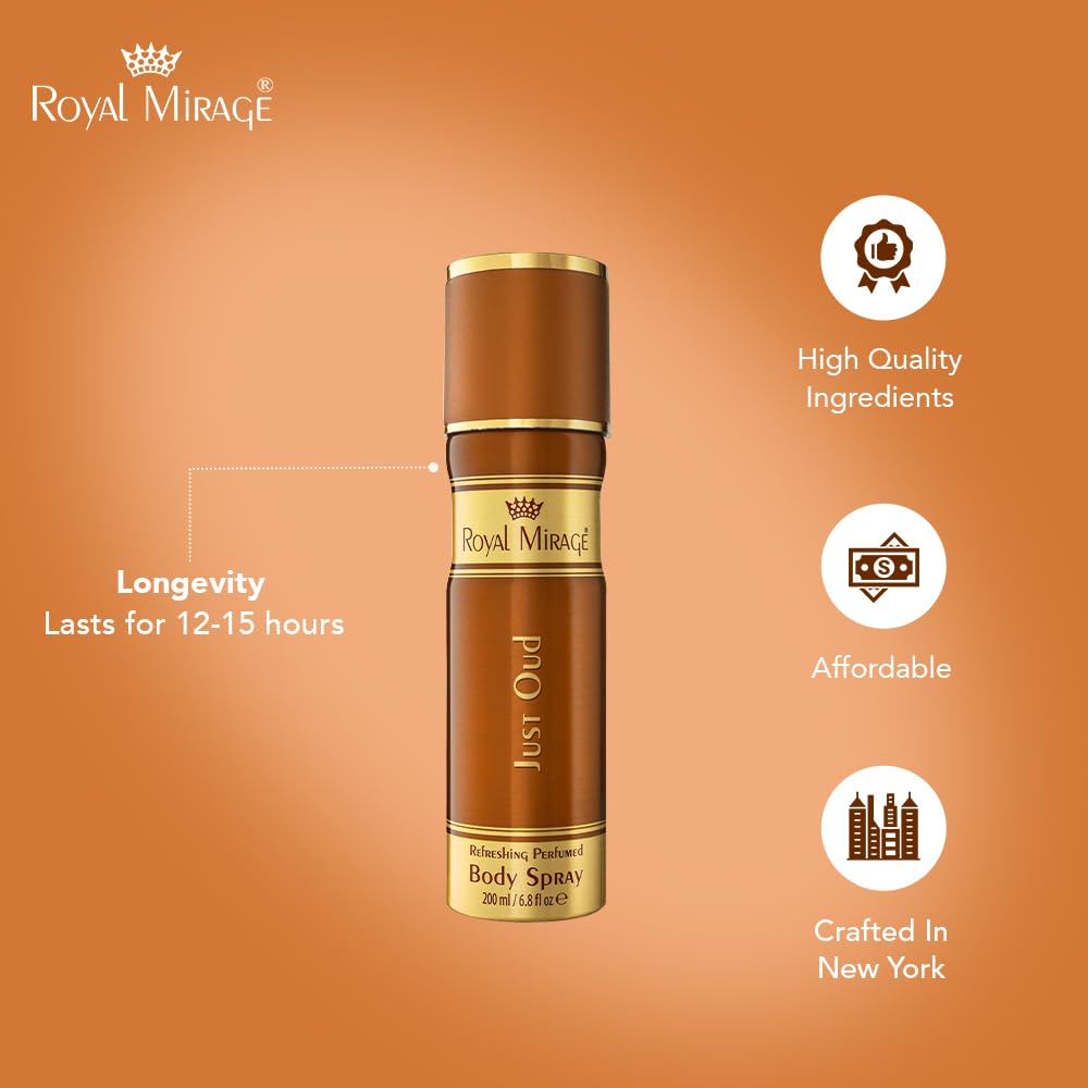 Royal Mirage Just Oud Body Spray | Long-Lasting Unisex Perfume | Oud, Rose & Leather Notes | Long-Lasting Luxury Fragrance | Exotic & Captivating Scent | Gift for Man and Woman | 200ml