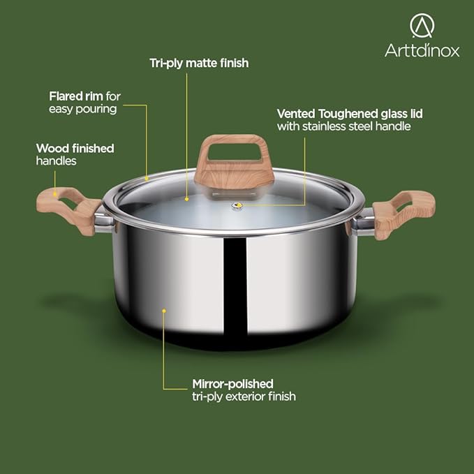 Arttdinox Timber Stainless Steel Triply Pot With Glass Lid for Biryani | 20 Cm | 3 Ltrs | Wood Finished Handle | Jindal Stainless