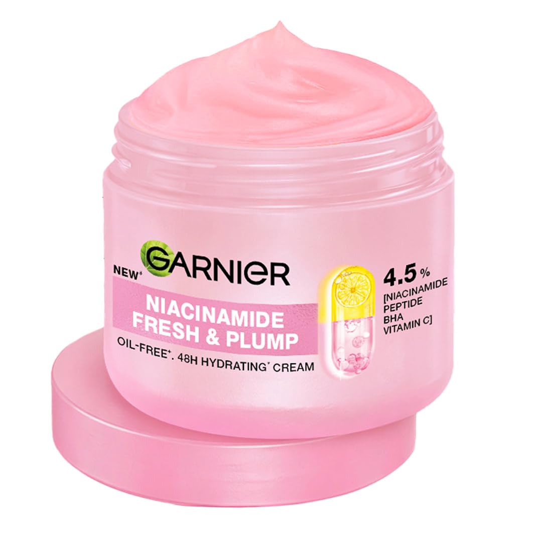 Garnier Fresh & Plump Niacinamide Sorbet Moisturizer Cream, 4.5% Niacinamide + Peptide + BHA + Vitamin C, 9x Lighter Sorbet Texture, For Hydrated and Plump Skin, Suitable for Oily to Normal & Combination Skin, 90g