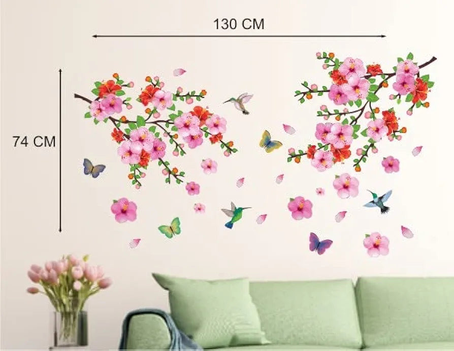 Heaven Decors Vinyl Branches with Flowers and Birds Flying Large Peel and Stick Wall Sticker Multicolour