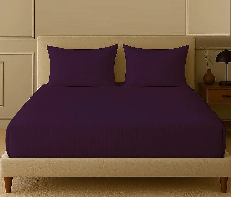 Trance Home Linen 100% Cotton 78x72 inch King Fitted 200TC Satin Stripe Elastic Fitted Bedsheet with 2 Pillow Covers Colour Plum
