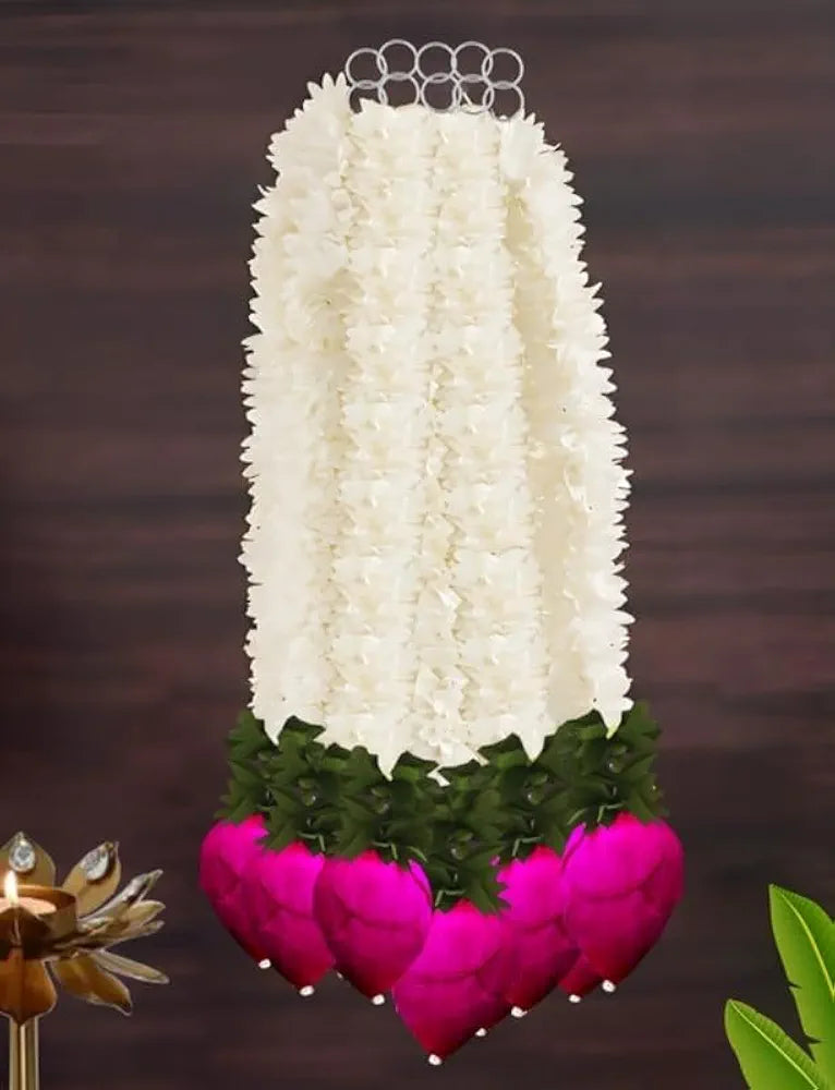 Garlands for Home Decoration Lotus Hangings  Offwhite Fabric & Solawood Lotus Buds Flower Garlands Pack of 5
