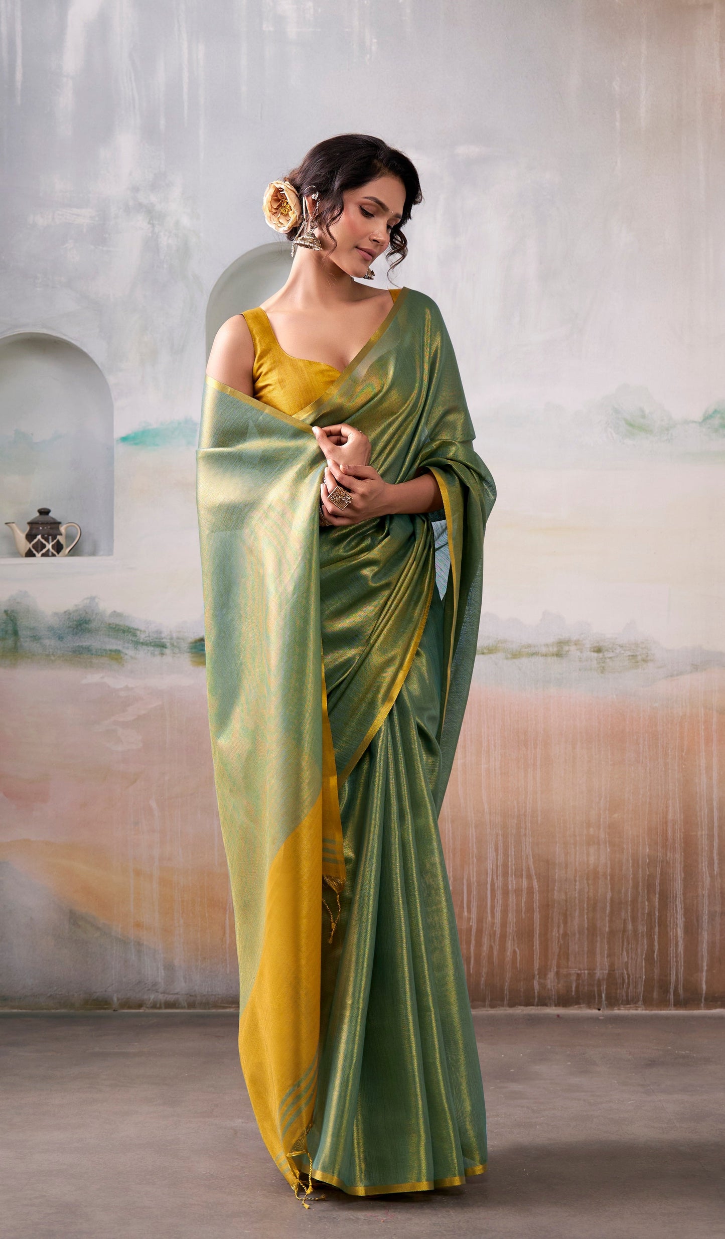 Anaita Green Handloom Tissue Silk Self Woven Plain Saree
