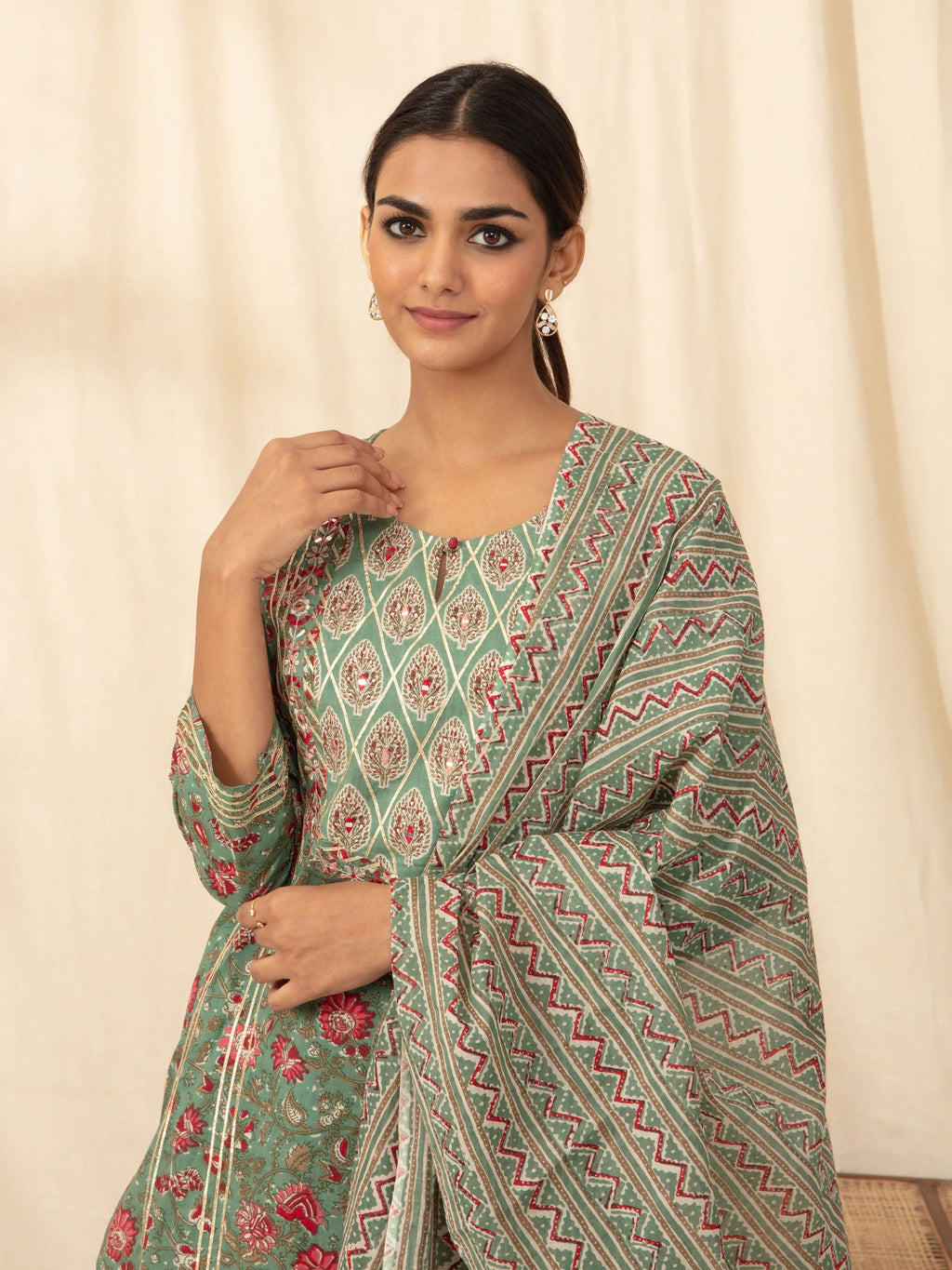 Likha Green Jaipuri Printed Kurta Pant Dupatta LIKSKD66 (Set of 3) - M