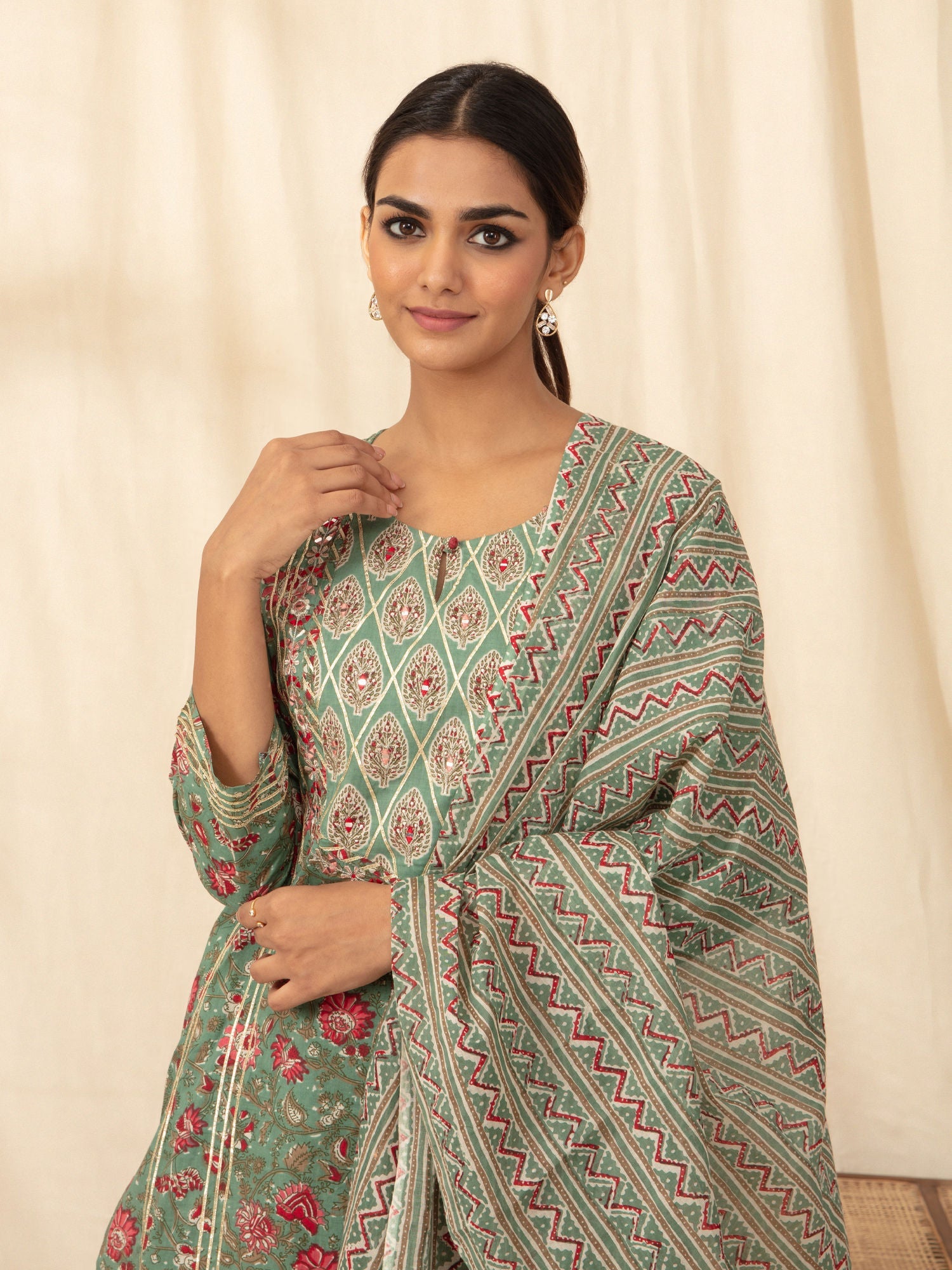 Likha Green Jaipuri Printed Kurta Pant Dupatta LIKSKD66 (Set of 3) - M