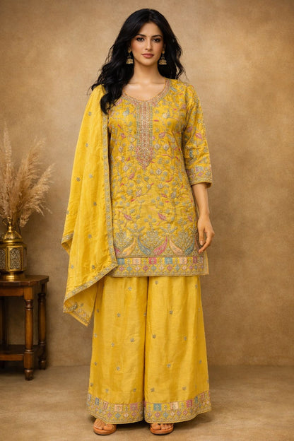 Anaita Yellow Chinon Stitched Plazzo Suit With Embroidery Work