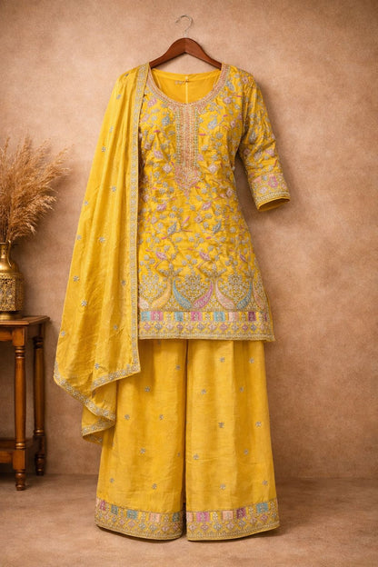 Anaita Yellow Chinon Stitched Plazzo Suit With Embroidery Work