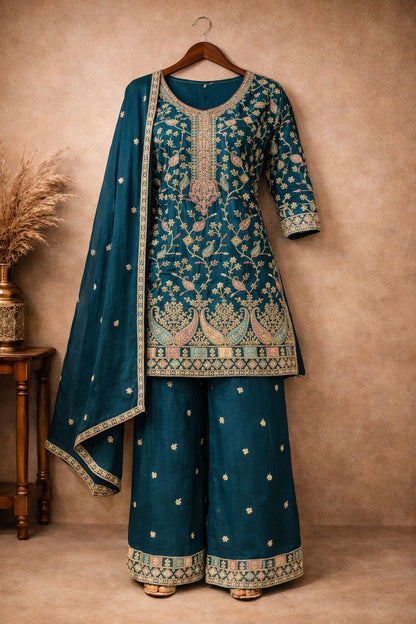 Anaita Teal Chinon Stitched Plazzo Suit With Embroidery Work