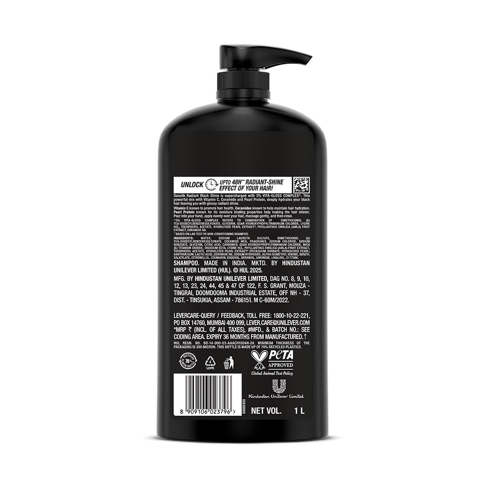 Sunsilk Stunning Black Shine Shampoo 1 L|| With Amla + Oil & Pearl Protein|| Gives Shiny|| Moisturised and Fuller Hair - Paraben Free