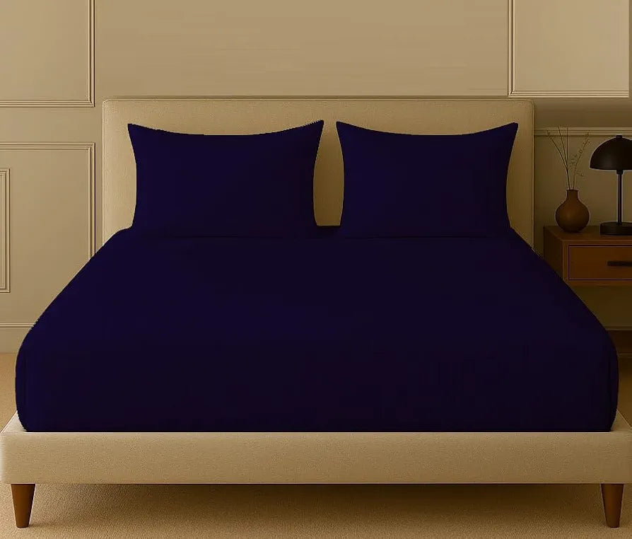 Trance Home Linen 100% Cotton 78x72 inch King Fitted 200TC Satin Stripe Elastic Fitted Bedsheet with 2 Pillow Covers 78"x72" | 6.5x6 feet Colour Dark Blue