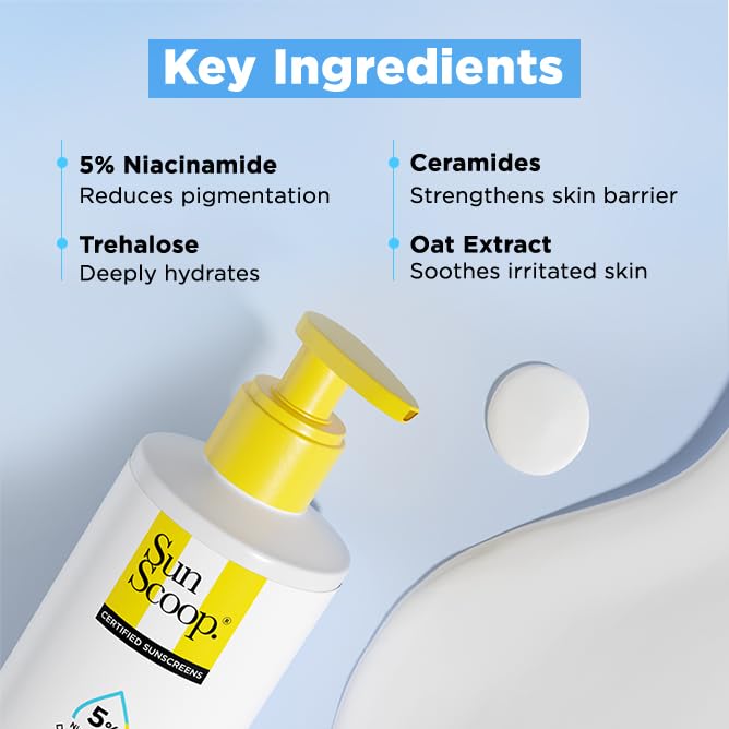 SunScoop 5% Niacinamide Daily Moisture Sunscreen Body Lotion SPF 50+ PA++++ Broad Spectrum| In-Vivo Tested| 24-Hours Moisturization| Non-Greasy| No White Cast| Reduces Tan| Smoothens Skin (200ml)