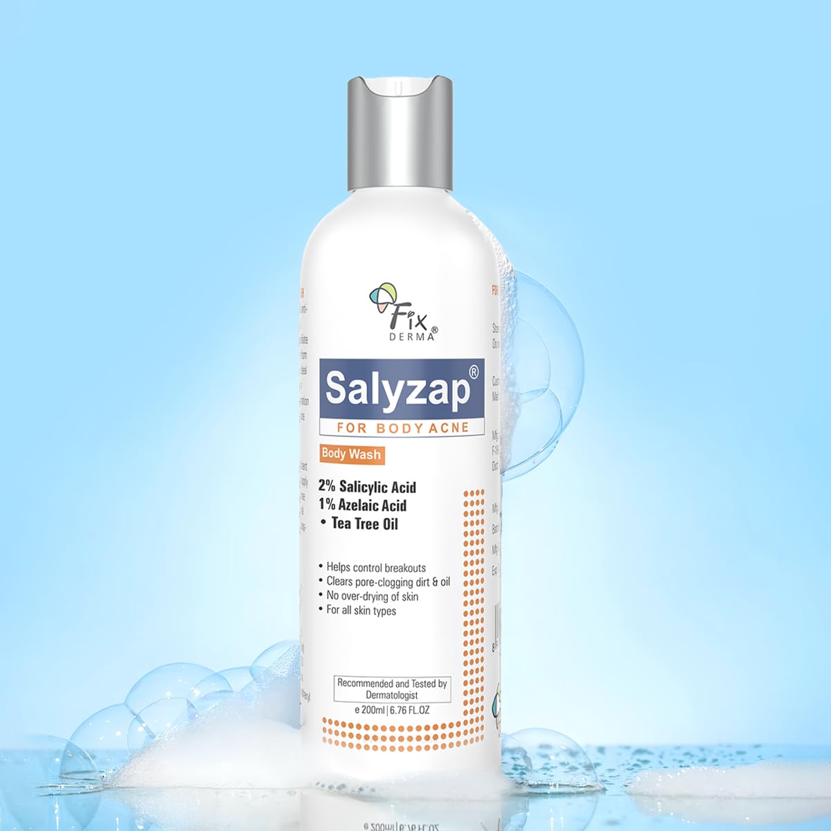 Fixderma Salyzap 2% Salicylic Acid Body Wash For Acne | Exfoliating Bodywash | Anti Acne Body Wash on Back & Arms for Acne Prone Skin | Helps in Control Brekouts, Unclogs Pores - 200ml