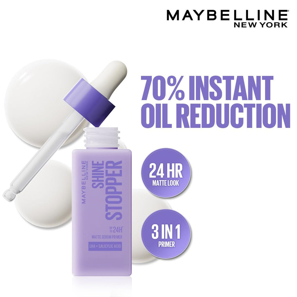 Maybelline New York Shine Stopper Primer | 3-in-1 Serum Primer for Oily Skin to Prime, Mattify, Hydrate with LHA & Salicylic Acid