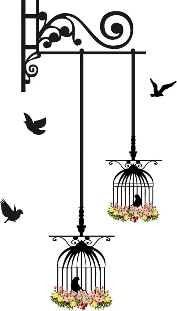 God & God's Hanging Birds Cage With Flowers Wall Sticker PVC Vinyl 50 cm x 70 cm