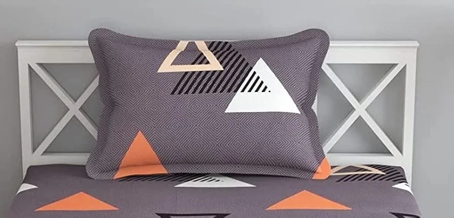 The Home Style Cotton Feel Glace Cotton Elastic Single Bed Bedsheet With 1 Pillow Cover 300 TC Graphite Triangle