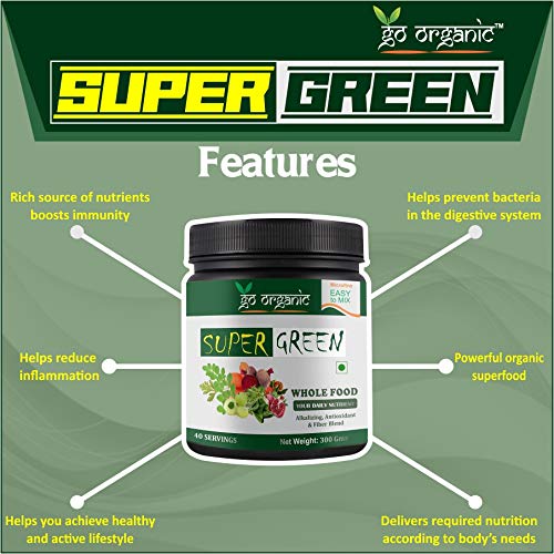 Go Organic Super Green powder Supergreens Raw Plant-Based Nutrition, Organic Spirulina, Chlorella, Acerola & Other Alkalizing And Antioxidant Fruits & Vegetables, Lemongrass & Stevia 300Gm