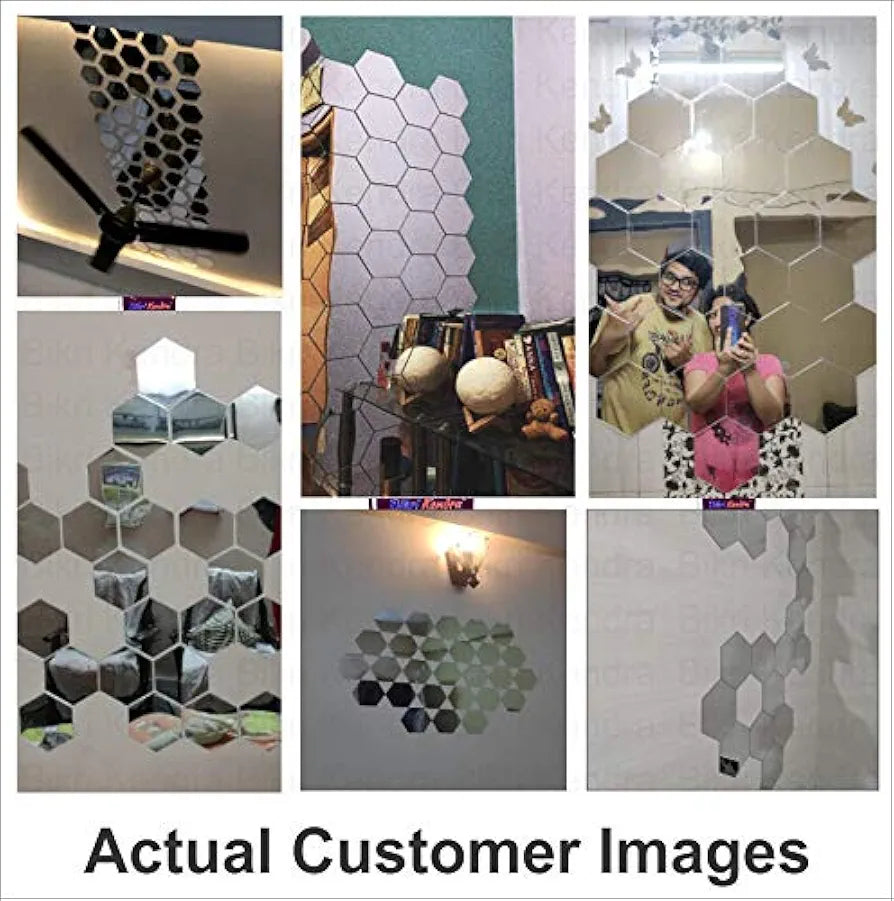 Bikri Kendra Hexagon 24 Silver Stickers for Wall Acrylic Mirror Decor Sticker Wall Mirror Stickers Acrylic