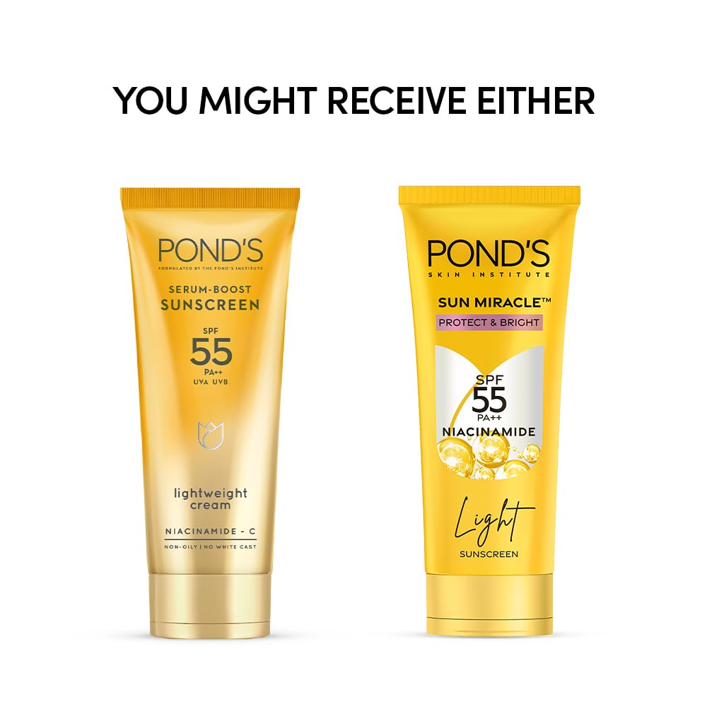 POND'S Serum boost sunscreen For All skin types prevent and fade dark patches with the power of SPF 55 and NIACINAMIDE-C Serum 50g