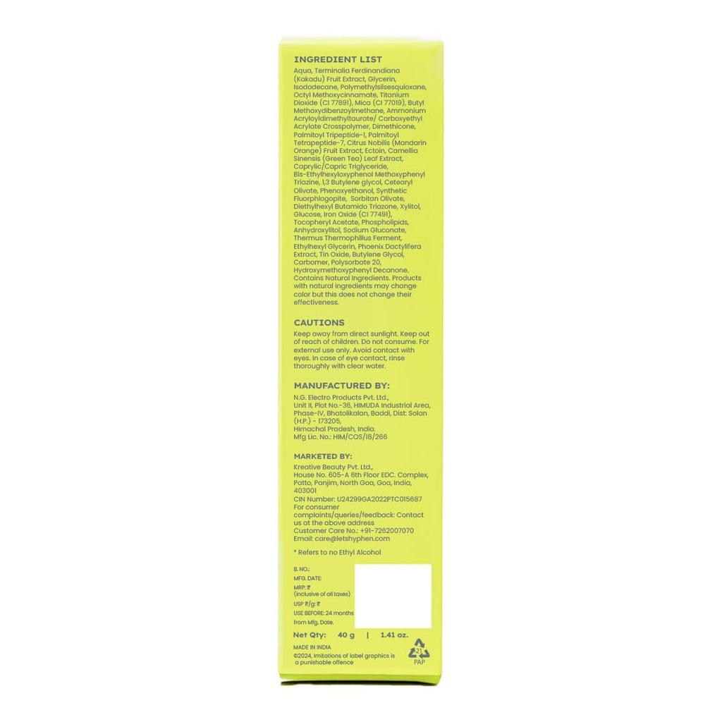 Hyphen Golden Hour Glow Sunscreen Spf 50 Pa++++ Dewy Glow & Bright Skin| Vitamin C Rich-10% Kakadu Plum & Peptides| Winter Sunscreen Moisturizer for Women & Men|Lightweight & Non Greasy, Uv & Blue Light Protection|Dry & All Skin Types - 40G