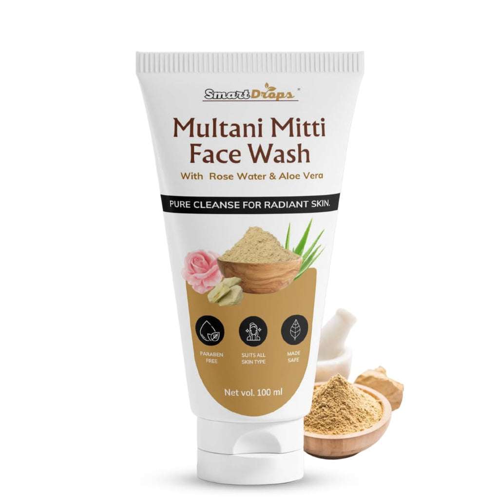 Smartdrops Multani Mitti Face Wash for Daily Cleansing | Gentle Facial Cleanser with Soft Foam | Face Wash for Men & Women | Suitable for Normal Oily Dry Skin- 100ml (Pack 1)